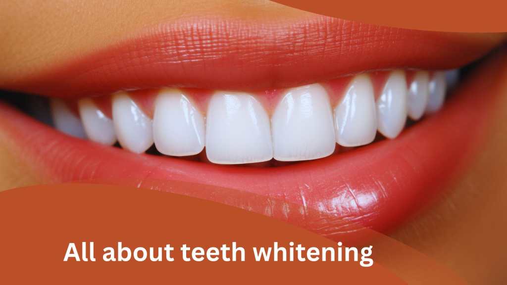 A close-up of a smiling mouth with white teeth and pink lips, with the text "All about Teeth Whitening" overlaid on a brownish-orange background.