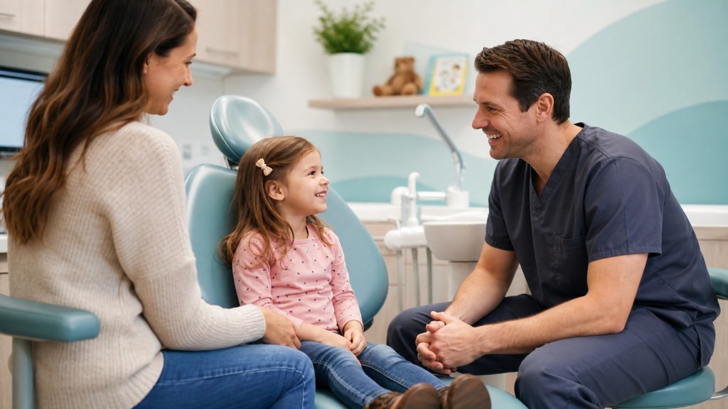 Child enjoying a first dental visit with a parent and dentist