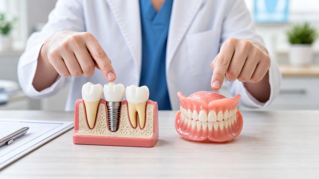 Dental implants and dentures shown during a consultation