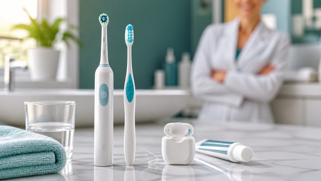 Electric and manual toothbrushes on a clean dental counter