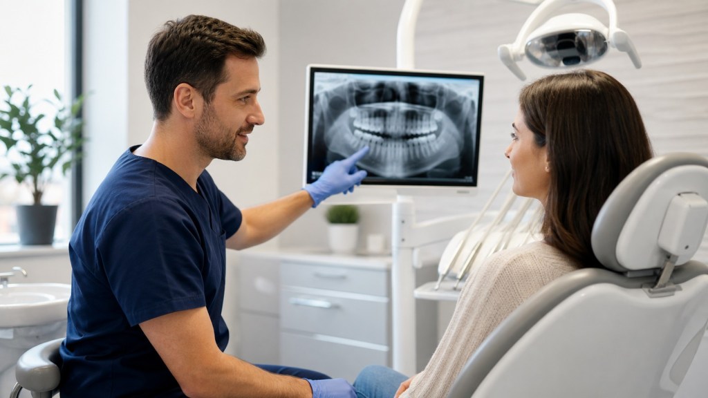Dentist explaining root canal treatment with a dental x-ray