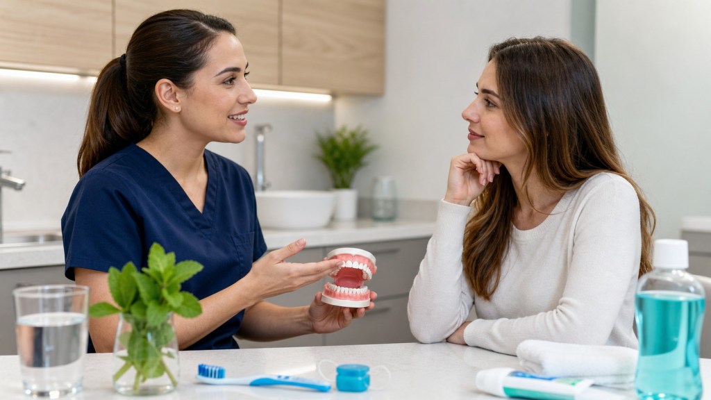 Dental professional discussing bad breath and oral hygiene treatment