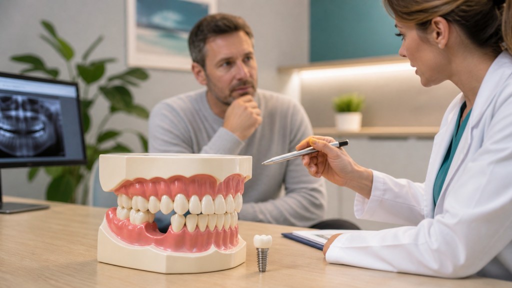Dental model showing a missing tooth replacement consultation