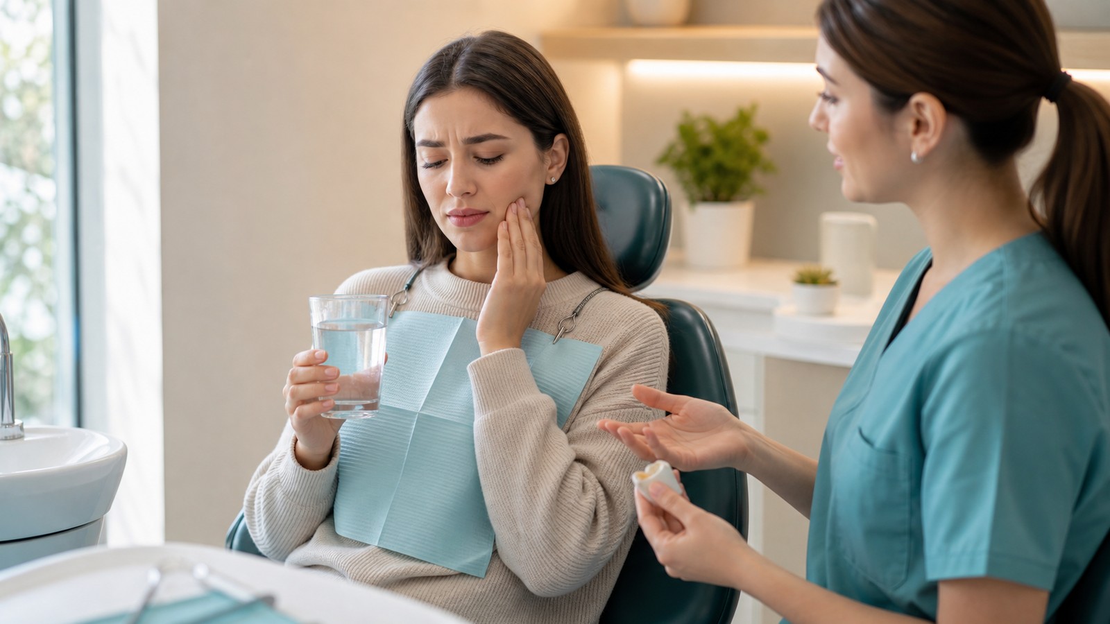 Dental professional explaining sensitive teeth treatment to a patient