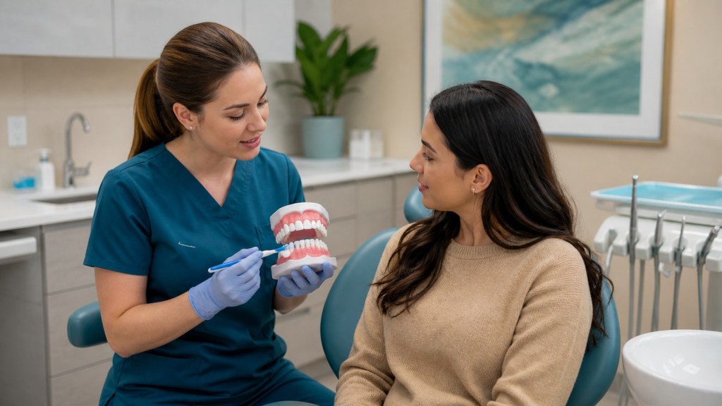 Dental hygienist demonstrating gentle brushing for healthy gums